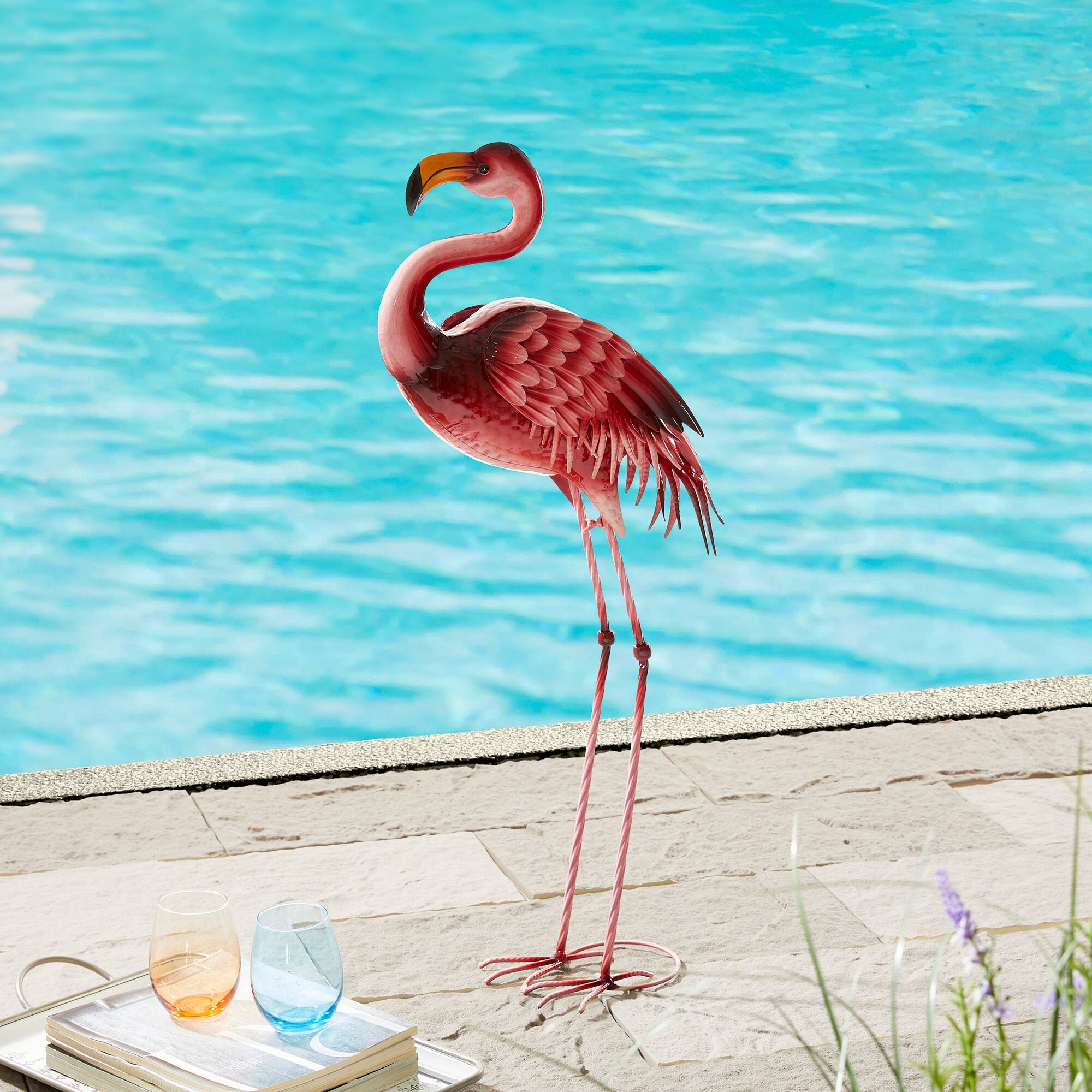 Glitzhome® 35.25" Metal Standing Flamingo Garden Statue with Stakes